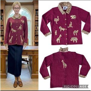 VTG Storybook Knits Animal Print Button Cardigan SZ Large Academia Grannycore